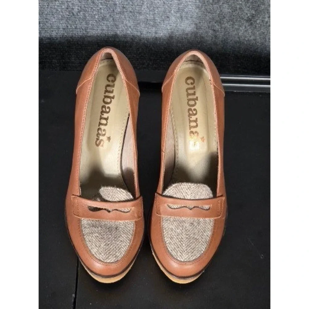 Anthropologie Cubanas Womens Leather Herringbone Platform Wood‎ Block Heel Sz 7